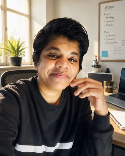 Anisha, founder of HFO80, at her desk