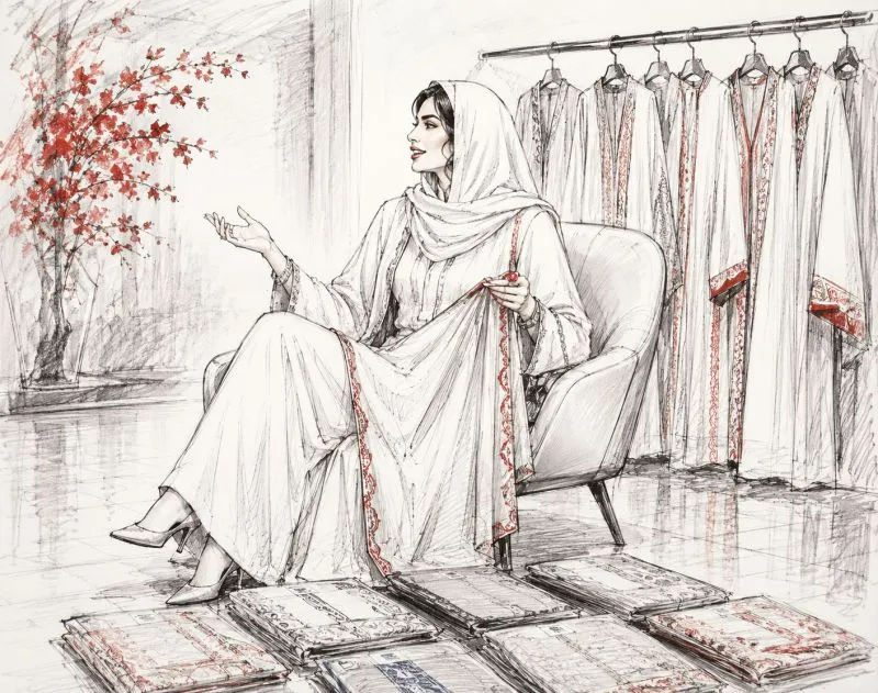 An illustration of a woman in a white abaya with red embroidered trim, sitting in a boutique chair and examining fabric samples, with garments hanging in the background