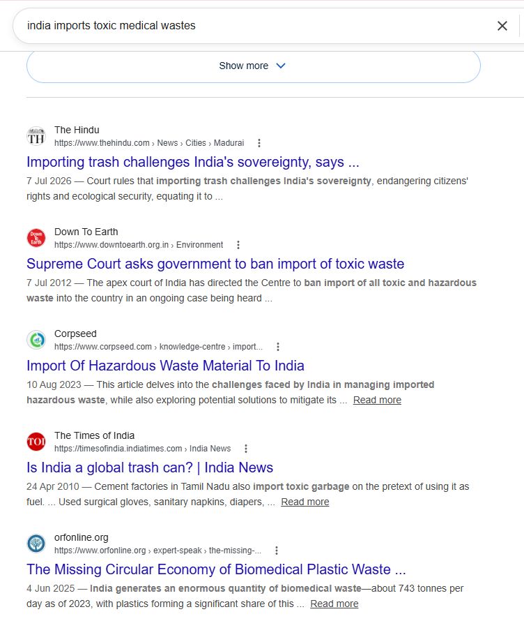 A Google search results page for the query india imports toxic medical wastes, showing headlines from The Hindu, Down To Earth, Corpseed, The Times of India, and orfonline.org about India's toxic and medical waste import problem